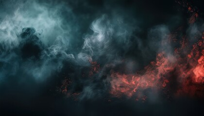 Aufkleber - ominous dark war cloud with red embers and blue smoke swirling in chaos, symbolizing battlefield destruction, fiery aftermath, and storm of conflict in abstract motion


