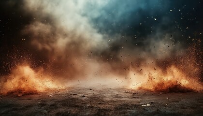 Aufkleber - intense battlefield explosion impact with rising debris, dense smoke clouds, and fiery dust bursts on cracked ground for dramatic design or war themed composition

