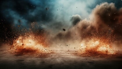 Aufkleber - intense battlefield explosion impact with rising debris, dense smoke clouds, and fiery dust bursts on cracked ground for dramatic design or war themed composition

