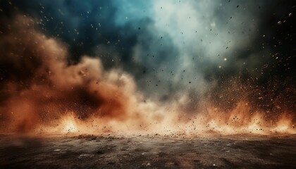 Aufkleber - intense battlefield explosion impact with rising debris, dense smoke clouds, and fiery dust bursts on cracked ground for dramatic design or war themed composition

