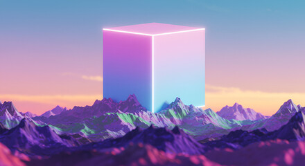 Poster - Futuristic landscape featuring a neon cube atop vibrant mountain ranges, concept