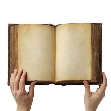Hands holding an old open book with aged pages for writing text and design