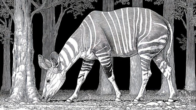 Monochrome illustration of a zebra-like creature in a forest setting