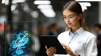 Poster - Young woman using tablet with digital abstract art in modern office environment, engaged in creative thinking process