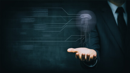 Poster - Digital Blueprint: A conceptual portrayal of technology in the grasp of a modern business figure, symbolizing innovation and the power of the mind.