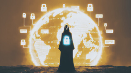 Poster - Cybersecurity Guardian: A hooded figure stands before a glowing globe, symbolizing global cybersecurity protection.  Surrounding the globe are digital lock icons.