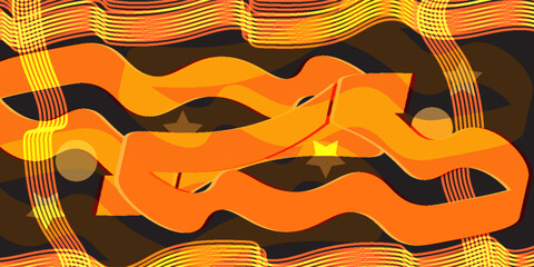 Aufkleber -  orange and yellow lines on a dark background,Abstract digital artwork with wavy featuring geometric shapes like stars and circles.
