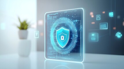 Poster - Futuristic digital security concept with holographic shield and data protection symbols on modern workspace background