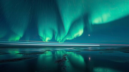 Wall Mural - A mesmerizing aurora borealis during a light rain. The composition showcases reflective puddles and motion blur effects from the rain and aurora