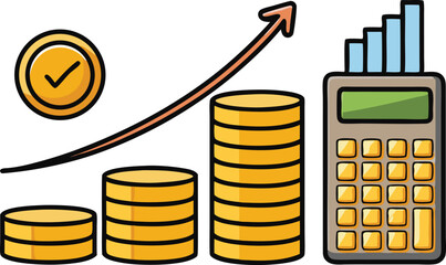 Poster - financial growth and success represented by coins calculator and upward graph silhouette isolated on