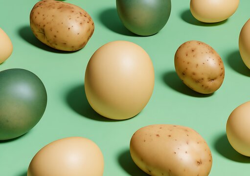 Potatoes and spheres on green background