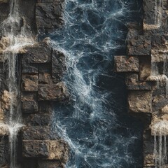 Poster - seamless background texture waterfall captures the dynamic flow of water over rugged rocks, showcasing vibrant shades blue and intricate details chaotic movement, ideal for design generative ai