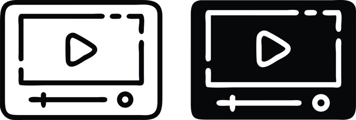 Poster - Minimalist Video Player Flat Icon – Black Vector Illustration with Play Button and UI Controls