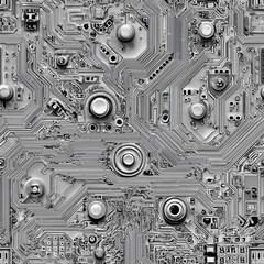 Poster - seamless design features pattern showcasing circuit board with complex white line work against gray backdrop, ideal for modern tech-themed backgrounds and projects generative ai
