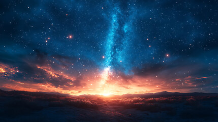 Wall Mural - majestic milky way galaxy shines above earths landscape under a vibrant sunset sky full of stars