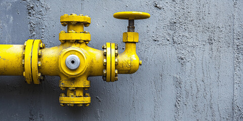 Poster - Close-up of a yellow industrial valve against a gray wall Generative AI