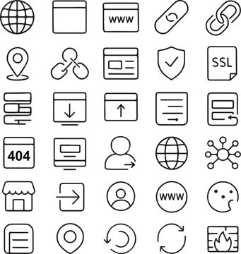 Collection of modern flat line icons representing web and internet services