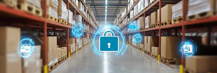 Poster - Smart warehouse with advanced security features observed Generative AI