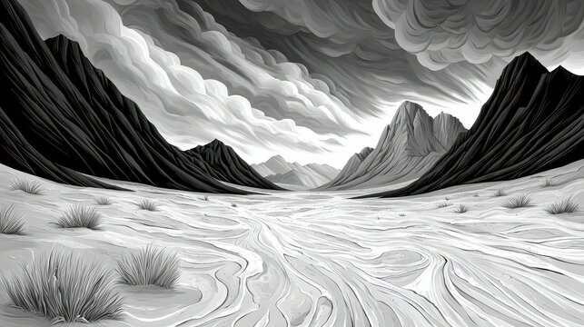 Grayscale Pixelated Valley Landscape with Mountains and Cloudy Sky in a Dramatic Style
