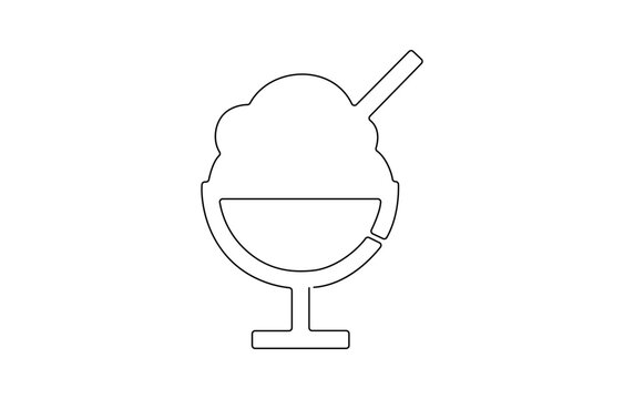 Cocktail glass with ice cream balls in continuous line art drawing style. Black line sketch on white, Wineglass design editable strokes.