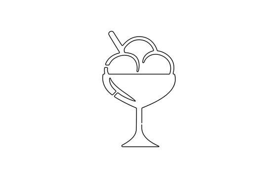 Cocktail glass with ice cream balls in continuous line art drawing style. Black line sketch on white, Wineglass design editable strokes.