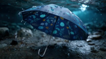 Poster - Umbrella with a marine pattern underwater, surrounded by drops and underwater rocks