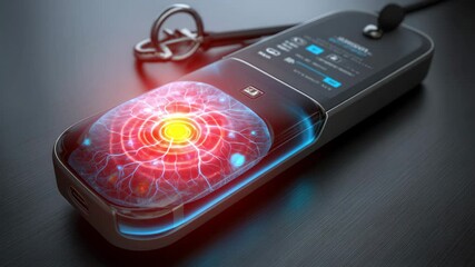 Poster - Futuristic device with holographic image of eye and bright energy spiral on dark background