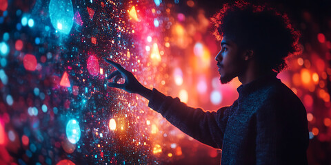 Man interacting with futuristic interface full of digital lights and geometric shapes exploring virtual reality technology