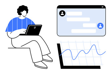 Poster - Person working on laptop, chat window with text exchange, and fluctuating line graph. Ideal for digital communication, remote work, data analysis, online learning, teamwork, productivity simple