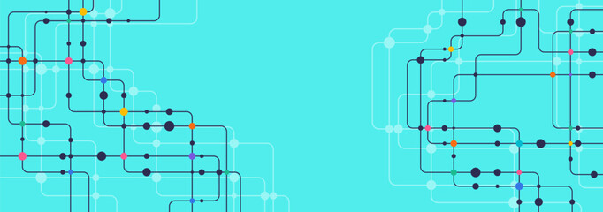 Poster - Abstract circuit network background with colorful lines and nodes on blue backdrop