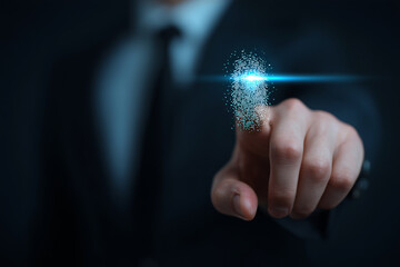 Fototapete - A man in a suit is pointing to a fingerprint on a screen