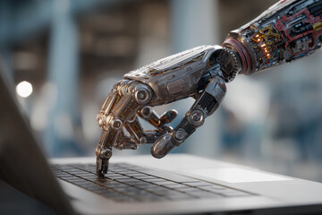 Aufkleber - A robotic hand is typing on a keyboard
