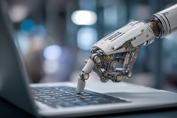 Aufkleber - A robot is typing on a laptop keyboard