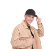 © New Africa - Young man wearing stylish black baseball hat on white background