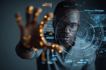 Fototapete - A man with glasses is reaching out to touch a computer screen