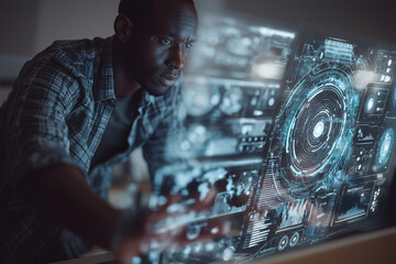 Fototapete - A man is looking at a computer screen with a blue circle on it
