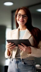 Poster - Woman Standing In Corporate Office With Tablet
