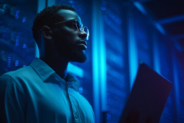 Poster - A man wearing glasses and a white shirt is looking at a laptop
