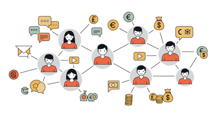 Business network vector illustration with communication and finance icons in flat style for web design