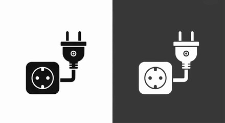 Fototapete - This high-quality vector set features minimalist electrical plug and socket icons (black on white, white on gray) with a connecting cable, emphasizing power, connection, and clean design.
