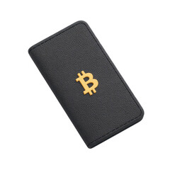 Poster - Black leather wallet with golden Bitcoin logo on isolated background showcasing cryptocurrency concept in modern finance Transparent background or png