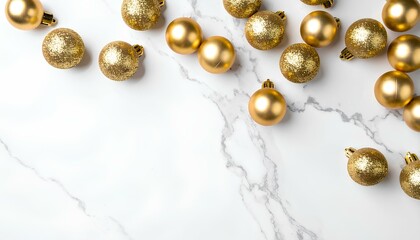 Poster - golden christmas balls on white marble background with copy space