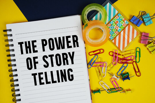 The Power Of Storytelling text with stationery on yellow background