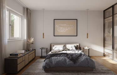 Poster - 3D Rendering of a modern bedroom interior.
