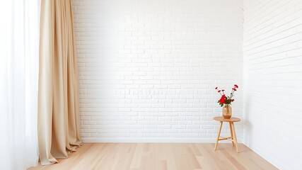 Poster - Minimalist interior with beige curtains and red flowers white