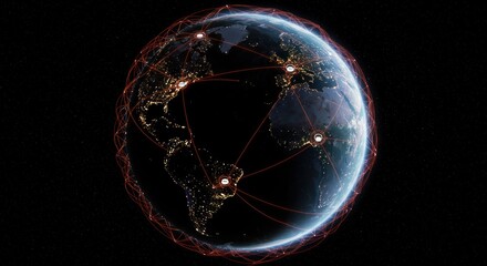 Poster - Earth globe with interconnected network lines and city lights in dark space.