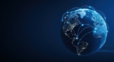 Poster - Digital globe with network connections on dark blue background representing global communication.