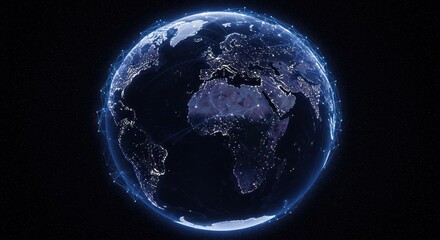 Poster - Digital globe with illuminated continents and a glowing blue outline against black.