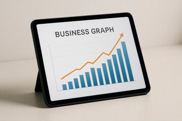 Poster - Tablet displaying a business graph with upward trend line and bar chart