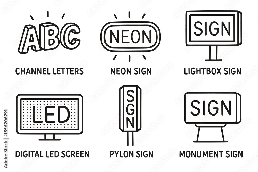 Different types of signage: channel letters, neon, lightbox, led, pylon ...